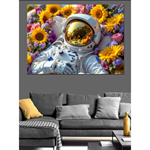 Ayçiçekli Uzay Astronot Kafası Dekoratif Kanvas - Mdf Ahşap Tablo 50x70 cm