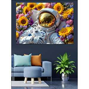 Ayçiçekli Uzay Astronot Kafası Dekoratif Kanvas - Mdf Ahşap Tablo