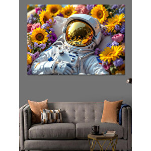 Ayçiçekli Uzay Astronot Kafası Dekoratif Kanvas - Mdf Ahşap Tablo
