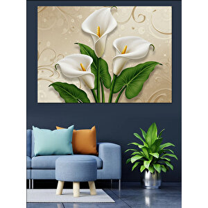 Krem Üzerinde Beyaz Zambaklar Dekoratif Kanvas - Mdf Ahşap Tablo