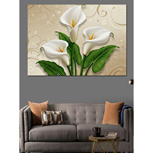 Krem Üzerinde Beyaz Zambaklar Dekoratif Kanvas - Mdf Ahşap Tablo 100x140 cm