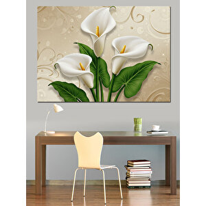 Krem Üzerinde Beyaz Zambaklar Dekoratif Kanvas - Mdf Ahşap Tablo 100x140 cm