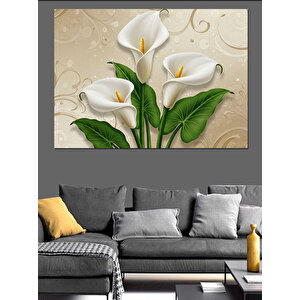 Krem Üzerinde Beyaz Zambaklar Dekoratif Kanvas - Mdf Ahşap Tablo 100x140 cm