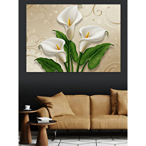 Krem Üzerinde Beyaz Zambaklar Dekoratif Kanvas - Mdf Ahşap Tablo