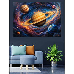 Uzayda Dönen Gezegenler Dekoratif Kanvas - Mdf Ahşap Tablo 100x140 cm
