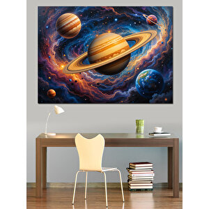 Uzayda Dönen Gezegenler Dekoratif Kanvas - Mdf Ahşap Tablo 100x140 cm