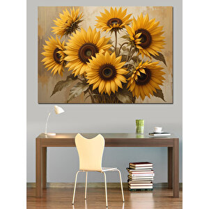 Koyu Fon Üzerinde Ayçiçekleri Dekoratif Kanvas - Mdf Ahşap Tablo