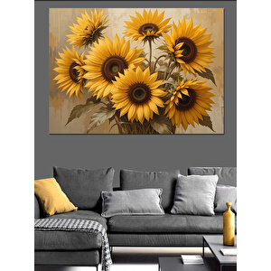 Koyu Fon Üzerinde Ayçiçekleri Dekoratif Kanvas - Mdf Ahşap Tablo