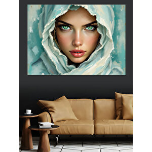 Örtülü Yeşil Gözlü Kadın Dekoratif Kanvas - Mdf Ahşap Tablo 70x100 cm