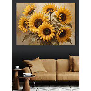 Koyu Fon Üzerinde Ayçiçekleri Dekoratif Kanvas - Mdf Ahşap Tablo 100x140 cm