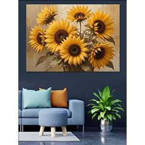 Koyu Fon Üzerinde Ayçiçekleri Dekoratif Kanvas - Mdf Ahşap Tablo 100x140 cm