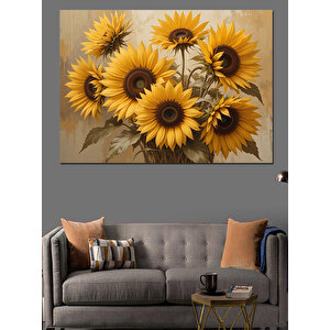 Koyu Fon Üzerinde Ayçiçekleri Dekoratif Kanvas - Mdf Ahşap Tablo 100x140 cm