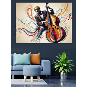 Renkli Kontrbas Çalan Adam Dekoratif Kanvas - Mdf Ahşap Tablo 70x100 cm