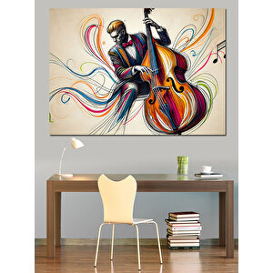 Renkli Kontrbas Çalan Adam Dekoratif Kanvas - Mdf Ahşap Tablo 100x140 cm