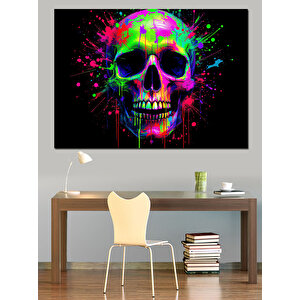 Boya Sıçramalı Kafatası Dekoratif Kanvas - Mdf Ahşap Tablo 50x70 cm