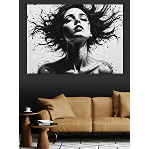 Siyah Beyaz Rüzgarlı Kadın Dekoratif Kanvas - Mdf Ahşap Tablo 100x140 cm