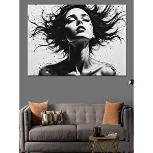 Siyah Beyaz Rüzgarlı Kadın Dekoratif Kanvas - Mdf Ahşap Tablo 100x140 cm