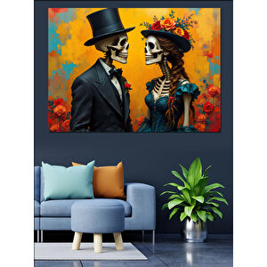 Aşık İskeletler Şapkalı Afiş Dekoratif Kanvas - Mdf Ahşap Tablo 35x50 cm