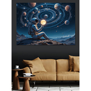 Gezegenli Uzay Kompozisyonu Dekoratif Kanvas - Mdf Ahşap Tablo 70x100 cm
