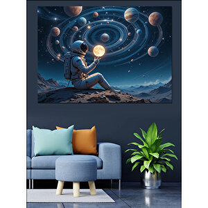 Gezegenli Uzay Kompozisyonu Dekoratif Kanvas - Mdf Ahşap Tablo 70x100 cm