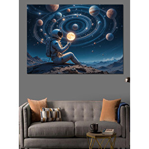 Gezegenli Uzay Kompozisyonu Dekoratif Kanvas - Mdf Ahşap Tablo 70x100 cm