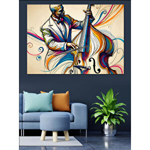 Renkli Soyut Kontrbas Çalan Adam Dekoratif Kanvas - Mdf Ahşap Tablo 100x140 cm