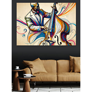 Renkli Soyut Kontrbas Çalan Adam Dekoratif Kanvas - Mdf Ahşap Tablo 70x100 cm