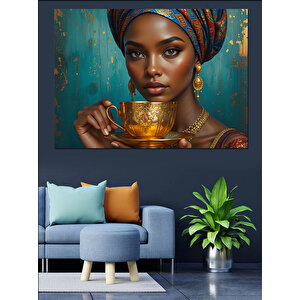 Altın Fincan Tutan Kadın Dekoratif Kanvas - Mdf Ahşap Tablo 50x70 cm