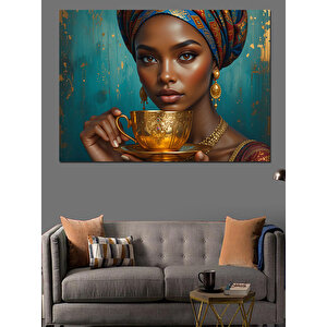 Altın Fincan Tutan Kadın Dekoratif Kanvas - Mdf Ahşap Tablo 25x35 cm