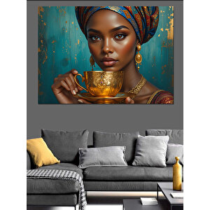 Altın Fincan Tutan Kadın Dekoratif Kanvas - Mdf Ahşap Tablo