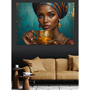 Altın Fincan Tutan Kadın Dekoratif Kanvas - Mdf Ahşap Tablo