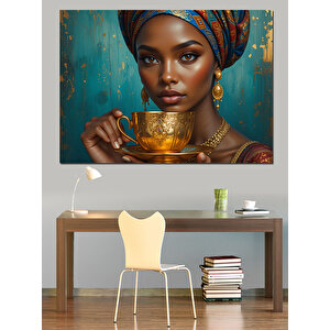 Altın Fincan Tutan Kadın Dekoratif Kanvas - Mdf Ahşap Tablo 70x100 cm