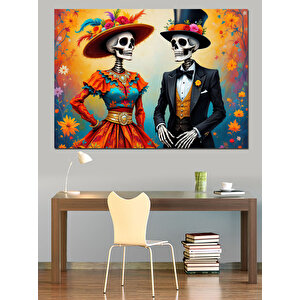 Ölüler Günü İskelet Çifti Dekoratif Kanvas - Mdf Ahşap Tablo 70x100 cm