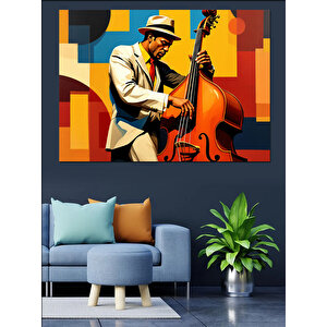 Kontrbas Çalan Beyaz Takımlı Adam Dekoratif Kanvas - Mdf Ahşap Tablo 35x50 cm