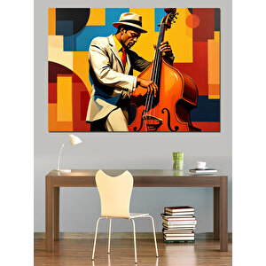 Kontrbas Çalan Beyaz Takımlı Adam Dekoratif Kanvas - Mdf Ahşap Tablo
