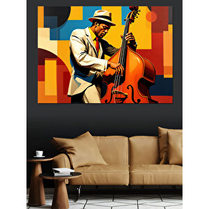 Kontrbas Çalan Beyaz Takımlı Adam Dekoratif Kanvas - Mdf Ahşap Tablo 50x70 cm