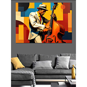 Kontrbas Çalan Beyaz Takımlı Adam Dekoratif Kanvas - Mdf Ahşap Tablo
