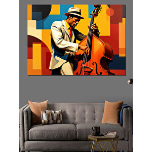 Kontrbas Çalan Beyaz Takımlı Adam Dekoratif Kanvas - Mdf Ahşap Tablo 70x100 cm