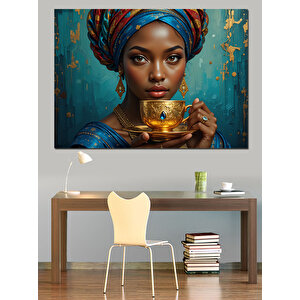 Altın Fincan Tutan Kadın Dekoratif Kanvas - Mdf Ahşap Tablo 50x70 cm