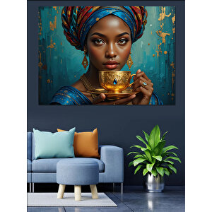 Altın Fincan Tutan Kadın Dekoratif Kanvas - Mdf Ahşap Tablo 70x100 cm