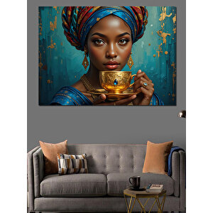 Altın Fincan Tutan Kadın Dekoratif Kanvas - Mdf Ahşap Tablo 70x100 cm
