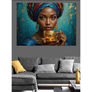 Altın Fincan Tutan Kadın Dekoratif Kanvas - Mdf Ahşap Tablo