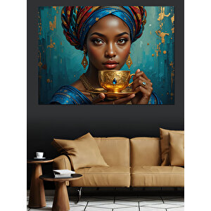 Altın Fincan Tutan Kadın Dekoratif Kanvas - Mdf Ahşap Tablo