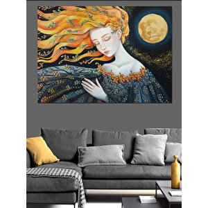 Dolunay Altında Rüzgarlı Kadın Dekoratif Kanvas - Mdf Ahşap Tablo 25x35 cm