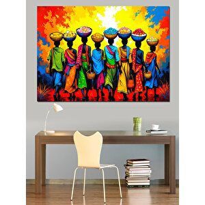 Renkli Elbiseli Afrikalılar Grubu Dekoratif Kanvas - Mdf Ahşap Tablo 100x140 cm