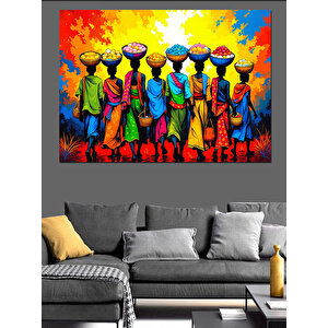 Renkli Elbiseli Afrikalılar Grubu Dekoratif Kanvas - Mdf Ahşap Tablo 100x140 cm