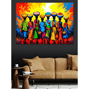 Renkli Elbiseli Afrikalılar Grubu Dekoratif Kanvas - Mdf Ahşap Tablo 100x140 cm