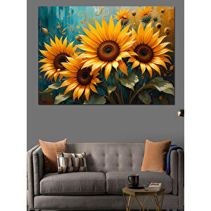 Turkuaz Arka Plan Ayçiçekleri Dekoratif Kanvas - Mdf Ahşap Tablo