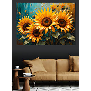 Turkuaz Arka Plan Ayçiçekleri Dekoratif Kanvas - Mdf Ahşap Tablo 35x50 cm