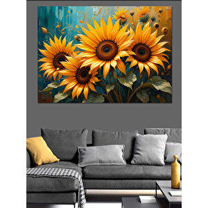 Turkuaz Arka Plan Ayçiçekleri Dekoratif Kanvas - Mdf Ahşap Tablo 50x70 cm